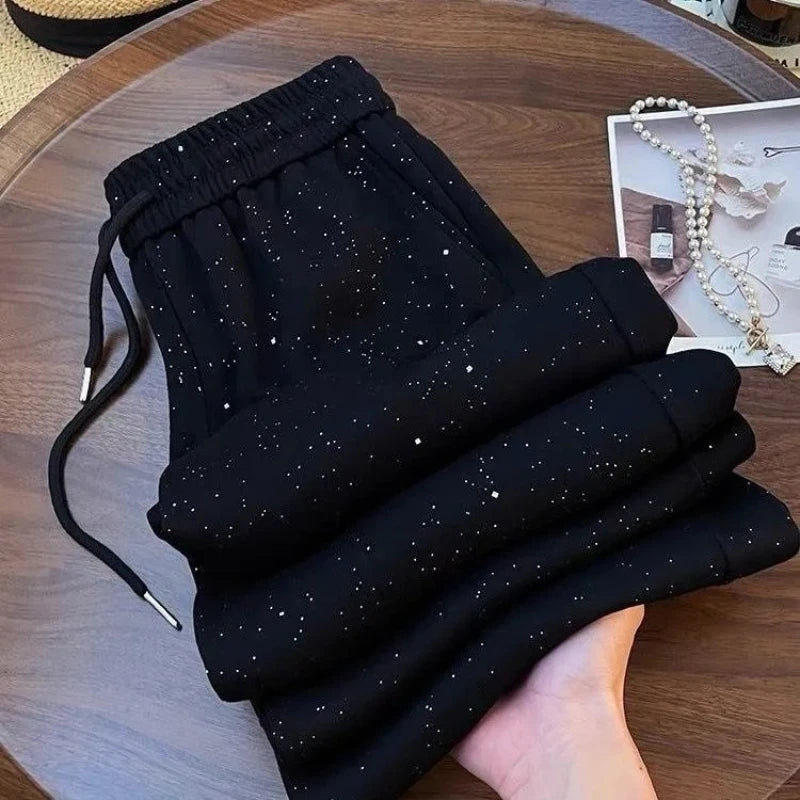 Starry Sky Ice Silk Wide Leg Pants Women's High Waist Straight Leg Sporty Trouse Sparkling Trouse Fashionable Sparkling Pants