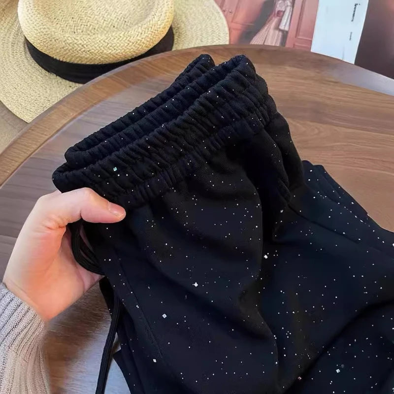 Starry Sky Ice Silk Wide Leg Pants Women's High Waist Straight Leg Sporty Trouse Sparkling Trouse Fashionable Sparkling Pants