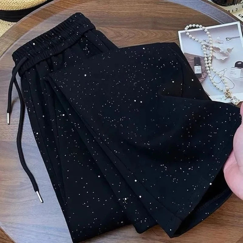 Starry Sky Ice Silk Wide Leg Pants Women's High Waist Straight Leg Sporty Trouse Sparkling Trouse Fashionable Sparkling Pants