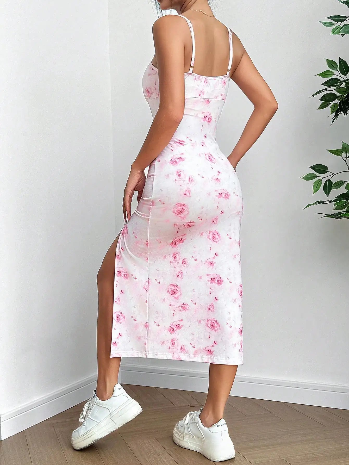 Women's Pink Floral Print Spaghetti Strap Midi Dress with Side Slit