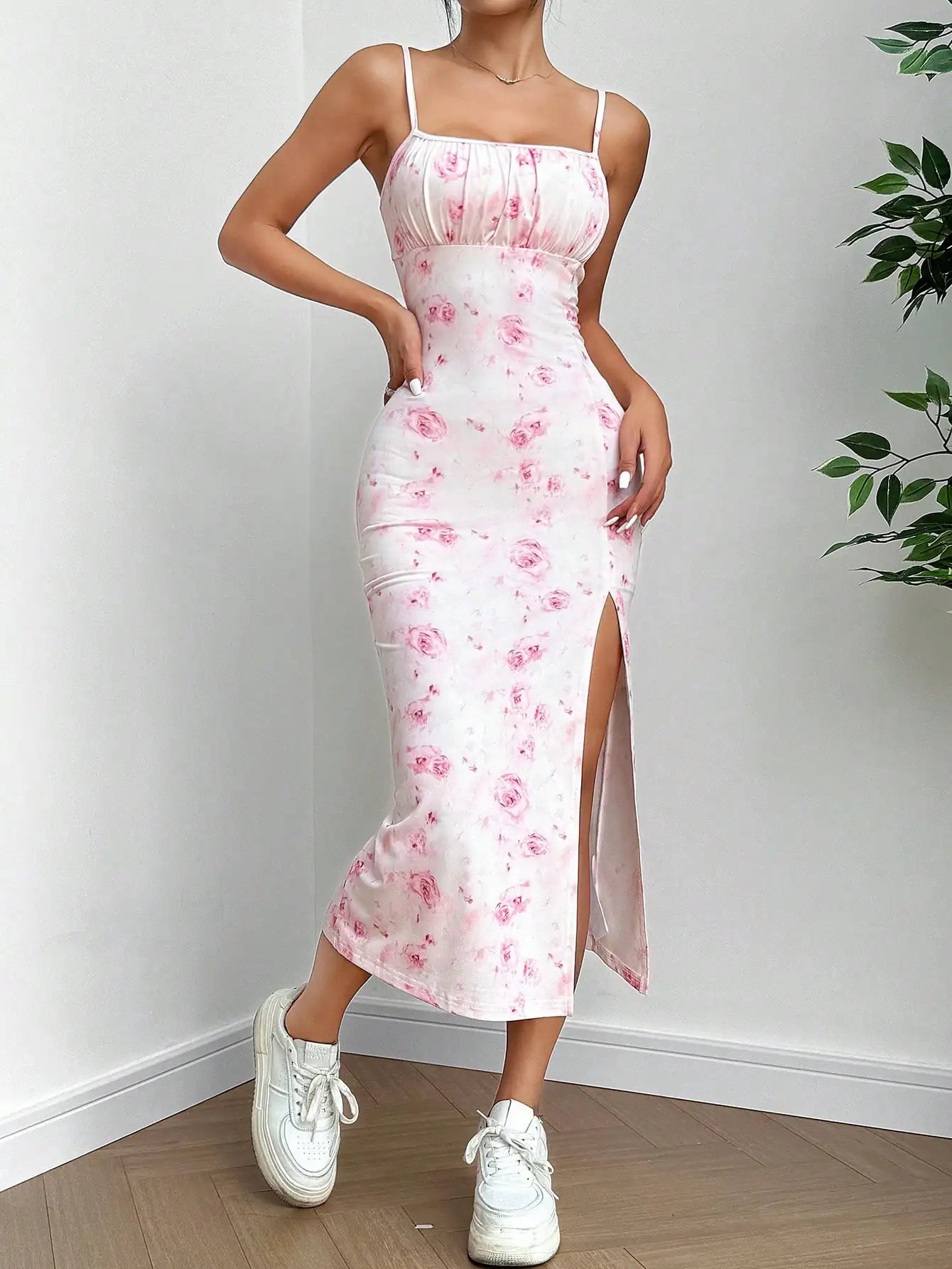 Women's Pink Floral Print Spaghetti Strap Midi Dress with Side Slit